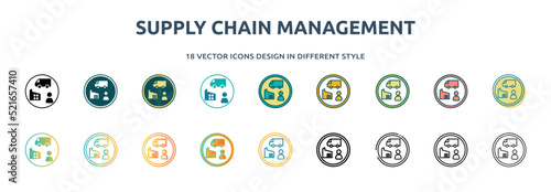 supply chain management icon in 18 different styles such as thin line, thick line, two color, glyph, colorful, lineal color, detailed, stroke and gradient. set of supply chain management vector for