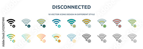 disconnected icon in 18 different styles such as thin line, thick line, two color, glyph, colorful, lineal color, detailed, stroke and gradient. set of disconnected vector for web, mobile, ui