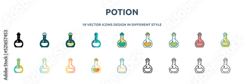 potion icon in 18 different styles such as thin line, thick line, two color, glyph, colorful, lineal color, detailed, stroke and gradient. set of potion vector for web, mobile, ui