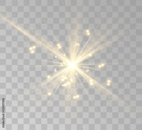 A series of transparent vector effects. Easy replacement of EPS10 lights.Set of golden glowing lights effects isolated on transparent background. Solar flare with beams and spotlight. Glow effect. Sta