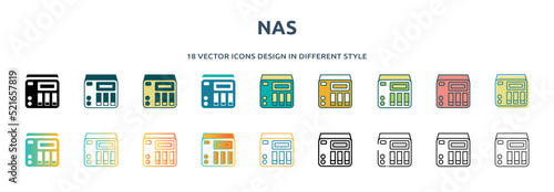 nas icon in 18 different styles such as thin line, thick line, two color, glyph, colorful, lineal color, detailed, stroke and gradient. set of nas vector for web, mobile, ui photo