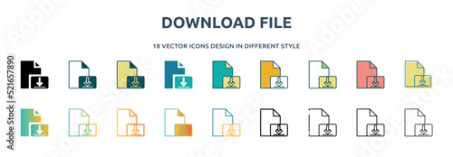 download file icon in 18 different styles such as thin line, thick line, two color, glyph, colorful, lineal color, detailed, stroke and gradient. set of download file vector for web, mobile, ui