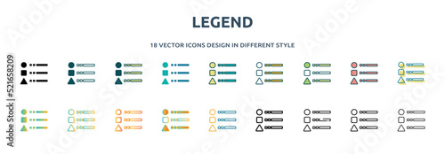 legend icon in 18 different styles such as thin line, thick line, two color, glyph, colorful, lineal color, detailed, stroke and gradient. set of legend vector for web, mobile, ui