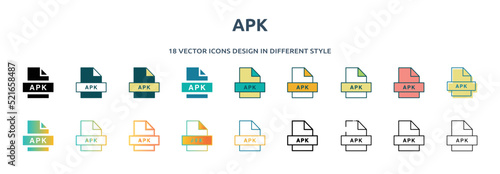 apk icon in 18 different styles such as thin line, thick line, two color, glyph, colorful, lineal color, detailed, stroke and gradient. set of apk vector for web, mobile, ui photo