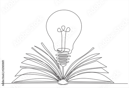 One single line drawing of shining light bulb above open text book logo identity. continuous line draw design graphic vector illustration