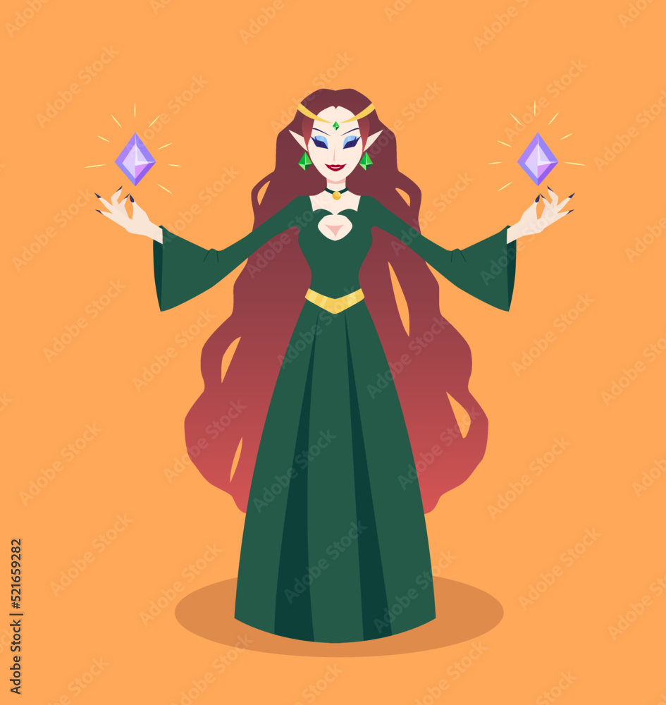 Medieval evil witch in green long dress, isolated fantasy character