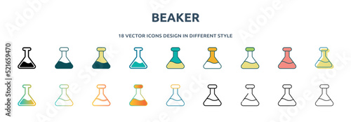 beaker icon in 18 different styles such as thin line, thick line, two color, glyph, colorful, lineal color, detailed, stroke and gradient. set of beaker vector for web, mobile, ui