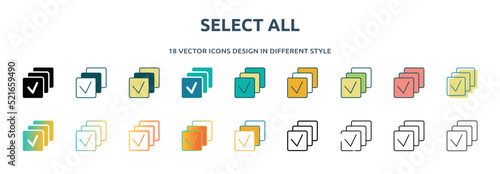 select all icon in 18 different styles such as thin line, thick line, two color, glyph, colorful, lineal color, detailed, stroke and gradient. set of select all vector for web, mobile, ui