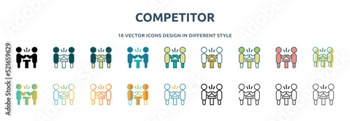 competitor icon in 18 different styles such as thin line, thick line, two color, glyph, colorful, lineal color, detailed, stroke and gradient. set of competitor vector for web, mobile, ui
