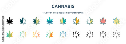 cannabis icon in 18 different styles such as thin line, thick line, two color, glyph, colorful, lineal color, detailed, stroke and gradient. set of cannabis vector for web, mobile, ui
