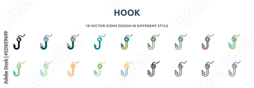 hook icon in 18 different styles such as thin line, thick line, two color, glyph, colorful, lineal color, detailed, stroke and gradient. set of hook vector for web, mobile, ui