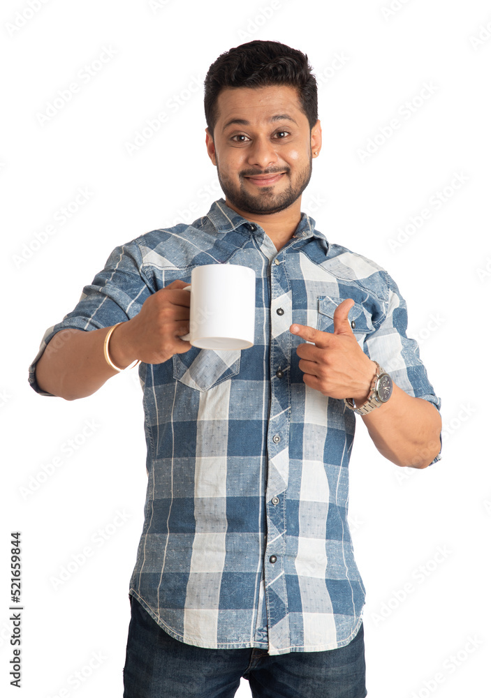 Handsome smiling man with cup of coffee or tea isolated on white background Handsome smiling man with cup of coffee or tea isolated on white background