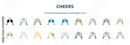 cheers icon in 18 different styles such as thin line, thick line, two color, glyph, colorful, lineal color, detailed, stroke and gradient. set of cheers vector for web, mobile, ui