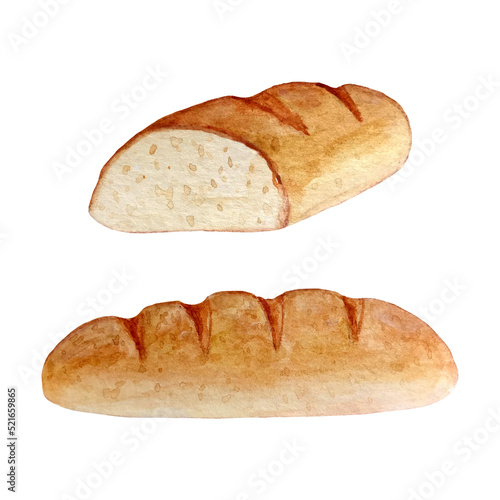 Watercolor illustration of white loaf or long loaf. The hand-drawing icon of pastries or bakery products. Transparent background