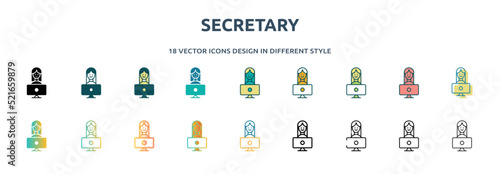 secretary icon in 18 different styles such as thin line, thick line, two color, glyph, colorful, lineal color, detailed, stroke and gradient. set of secretary vector for web, mobile, ui
