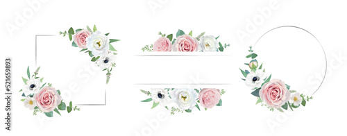 Watercolor vector flower frames set. Garden pink roses, white anemones, lisanthus, seeded eucalyptus branches and greenery leaves. Wedding invite, save the date, greeting card editable template design