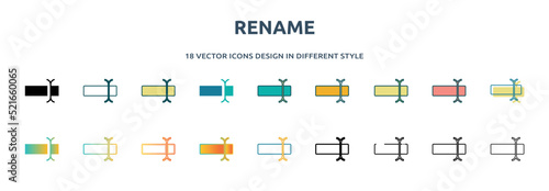 rename icon in 18 different styles such as thin line, thick line, two color, glyph, colorful, lineal color, detailed, stroke and gradient. set of rename vector for web, mobile, ui