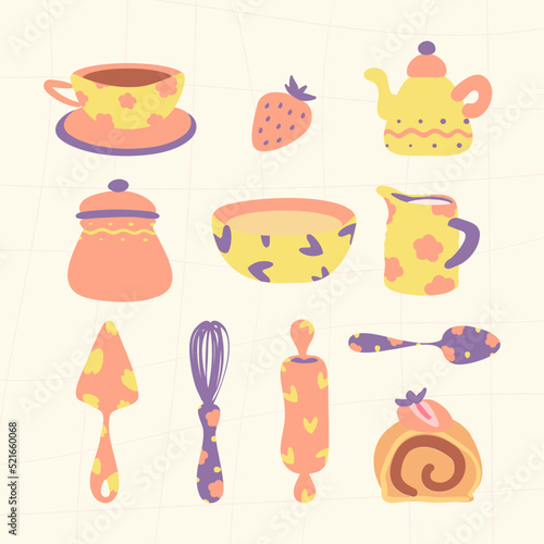 Strawberry cake roll bakery vector elements. Teapot, kitchenware tools, cup, jar. Village style. Old fashioned cook book design.