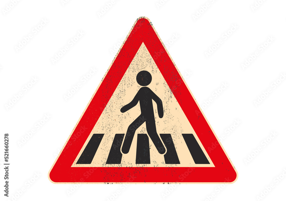 Traffic sign pedestrian crossing symbol on rusted and grungy metal board isolated on white background. Traffic sign pedestrian crossing symbol on rusted and grungy metal board isolated on white background.