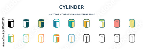 cylinder icon in 18 different styles such as thin line, thick line, two color, glyph, colorful, lineal color, detailed, stroke and gradient. set of cylinder vector for web, mobile, ui