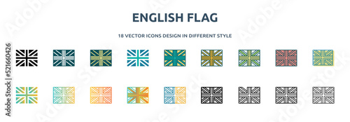 english flag icon in 18 different styles such as thin line, thick line, two color, glyph, colorful, lineal color, detailed, stroke and gradient. set of english flag vector for web, mobile, ui