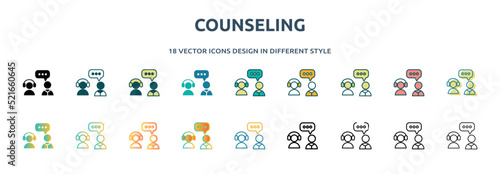 counseling icon in 18 different styles such as thin line, thick line, two color, glyph, colorful, lineal color, detailed, stroke and gradient. set of counseling vector for web, mobile, ui