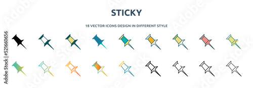 sticky icon in 18 different styles such as thin line, thick line, two color, glyph, colorful, lineal color, detailed, stroke and gradient. set of sticky vector for web, mobile, ui