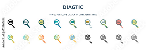 diagtic icon in 18 different styles such as thin line, thick line, two color, glyph, colorful, lineal color, detailed, stroke and gradient. set of diagtic vector for web, mobile, ui