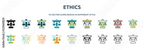 ethics icon in 18 different styles such as thin line, thick line, two color, glyph, colorful, lineal color, detailed, stroke and gradient. set of ethics vector for web, mobile, ui