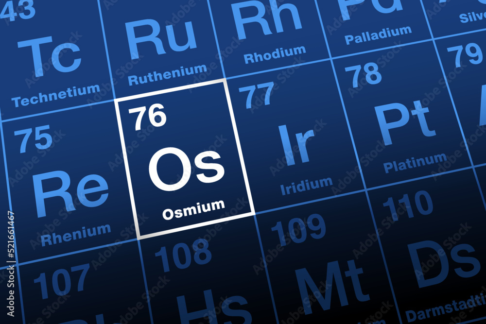 Osmium on periodic table. Transition metal, named after Greek osme, smell. Element symbol Os, atomic number 76. Densest naturally occurring element, used for alloys with other platinum group metals. Osmium on periodic table. Transition metal, named after Greek osme, smell. Element symbol Os, atomic number 76. Densest naturally occurring element, used for alloys with other platinum group metals.