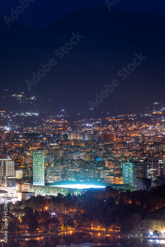 Tirana Albania. Night view, city light, National stade