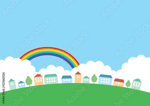 カラフルな家と空と虹の背景