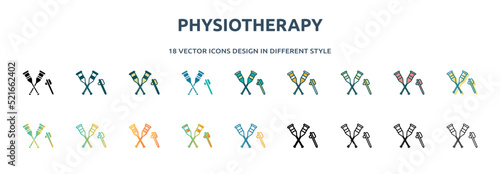 physiotherapy icon in 18 different styles such as thin line, thick line, two color, glyph, colorful, lineal color, detailed, stroke and gradient. set of physiotherapy vector for web, mobile, ui
