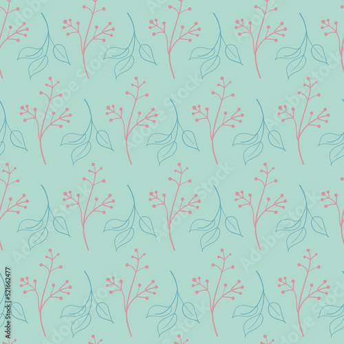 Pink plant on green mint seamless pattern for textile design
