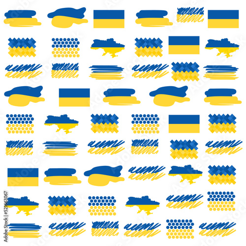 Pattern or background. Set of Ukrainian flags with brushstrokes, dots and lines. Ukraine national flag brush stroke effect on white background.