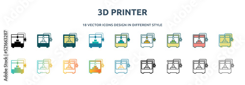 3d printer icon in 18 different styles such as thin line, thick line, two color, glyph, colorful, lineal color, detailed, stroke and gradient. set of 3d printer vector for web, mobile, ui