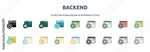 backend icon in 18 different styles such as thin line, thick line, two color, glyph, colorful, lineal color, detailed, stroke and gradient. set of backend vector for web, mobile, ui photo
