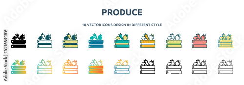 produce icon in 18 different styles such as thin line, thick line, two color, glyph, colorful, lineal color, detailed, stroke and gradient. set of produce vector for web, mobile, ui