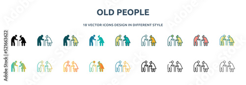 old people icon in 18 different styles such as thin line, thick line, two color, glyph, colorful, lineal color, detailed, stroke and gradient. set of old people vector for web, mobile, ui