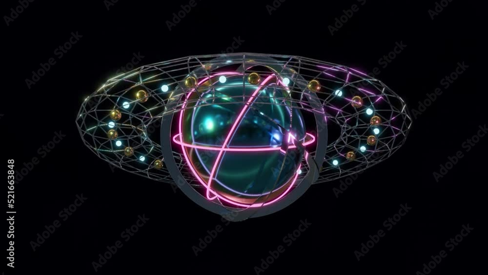 Abstract 3D render futuristic sci-fi construction of shiny sphere lights rings and other objects rotating transforming. Great for scientific, technological, industrial, futuristic, luxury, sci-fi illu Abstract 3D render futuristic sci-fi construction of shiny sphere lights rings and other objects rotating transforming. Great for scientific, technological, industrial, futuristic, luxury, sci-fi illu