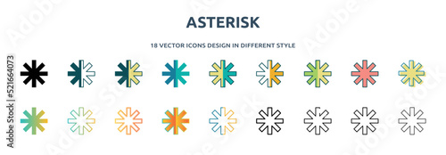 asterisk icon in 18 different styles such as thin line, thick line, two color, glyph, colorful, lineal color, detailed, stroke and gradient. set of asterisk vector for web, mobile, ui