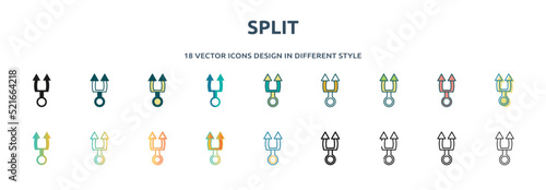 split icon in 18 different styles such as thin line, thick line, two color, glyph, colorful, lineal color, detailed, stroke and gradient. set of split vector for web, mobile, ui