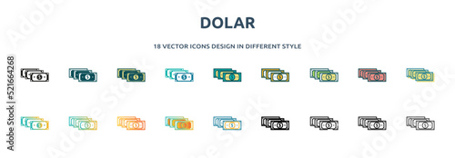 dolar icon in 18 different styles such as thin line, thick line, two color, glyph, colorful, lineal color, detailed, stroke and gradient. set of dolar vector for web, mobile, ui