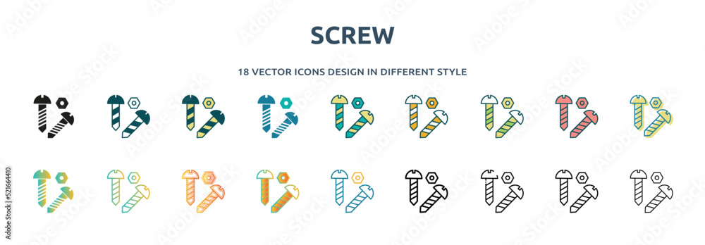 screw icon in 18 different styles such as thin line, thick line, two color, glyph, colorful, lineal color, detailed, stroke and gradient. set of screw vector for web, mobile, ui - obrazy, fototapety, plakaty 