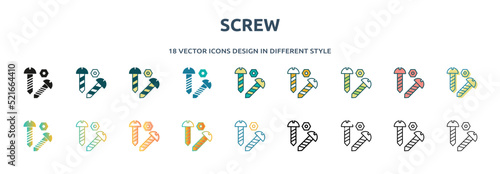 screw icon in 18 different styles such as thin line, thick line, two color, glyph, colorful, lineal color, detailed, stroke and gradient. set of screw vector for web, mobile, ui
