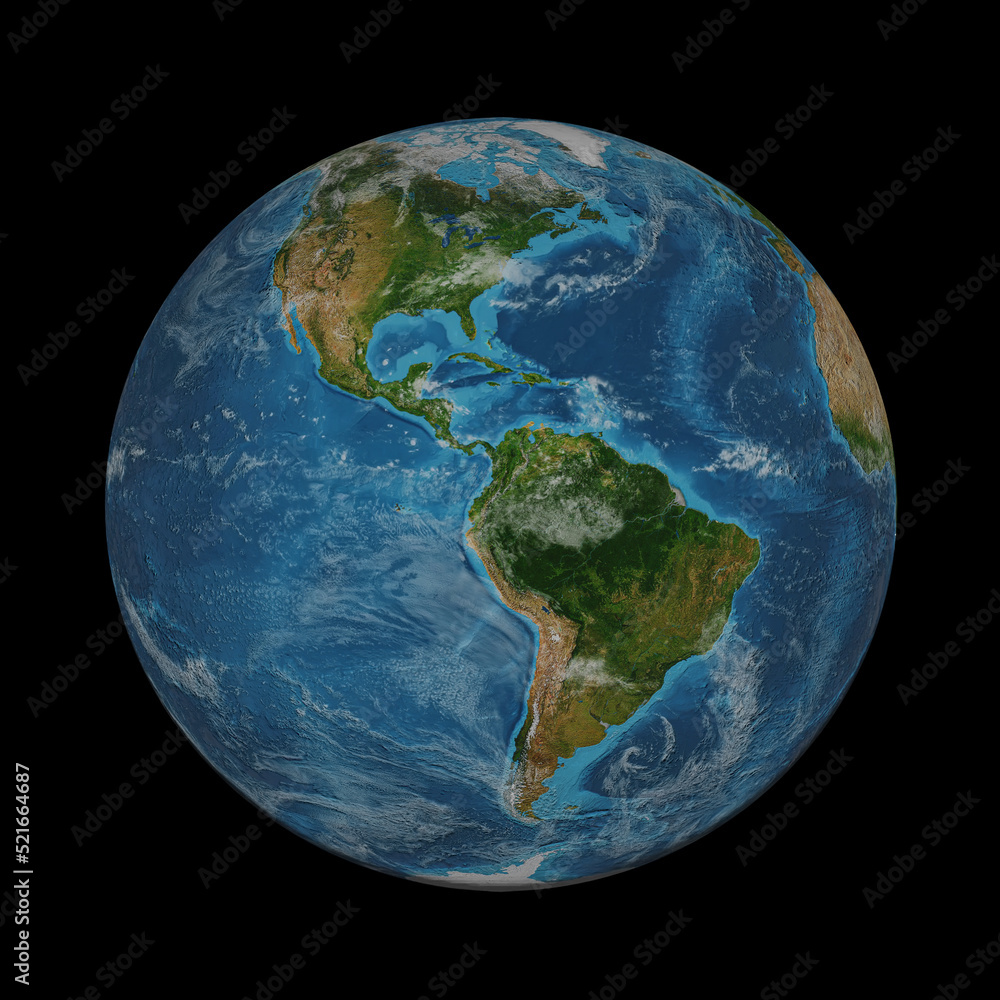 Earth globe isolated on black background. Elements of this image furnished by NASA. North America and south america.