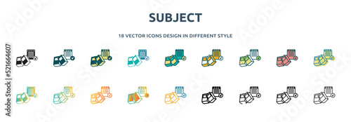 subject icon in 18 different styles such as thin line, thick line, two color, glyph, colorful, lineal color, detailed, stroke and gradient. set of subject vector for web, mobile, ui