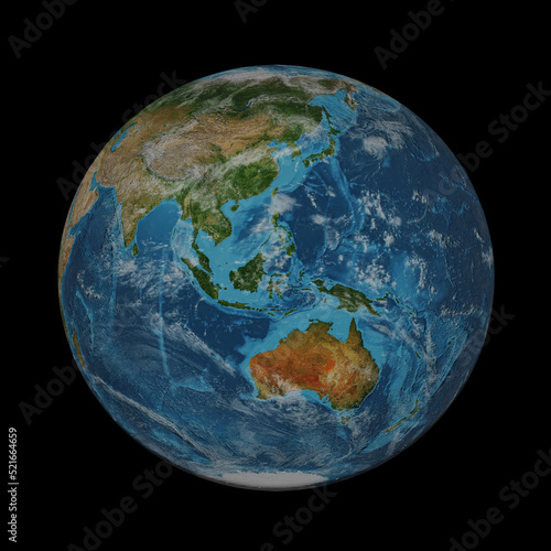 Earth globe isolated on black background. Elements of this image furnished by NASA. Asia and south Australia.