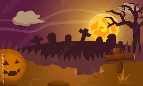 Halloween background illustration with scary pumpkin and full moon