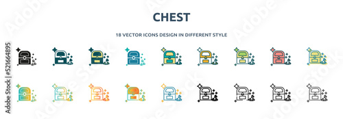 chest icon in 18 different styles such as thin line, thick line, two color, glyph, colorful, lineal color, detailed, stroke and gradient. set of chest vector for web, mobile, ui